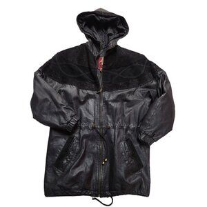 G-III Leather Jacket Womens Sz‎ Small Oversized Suede Cinched Waist Black Hooded